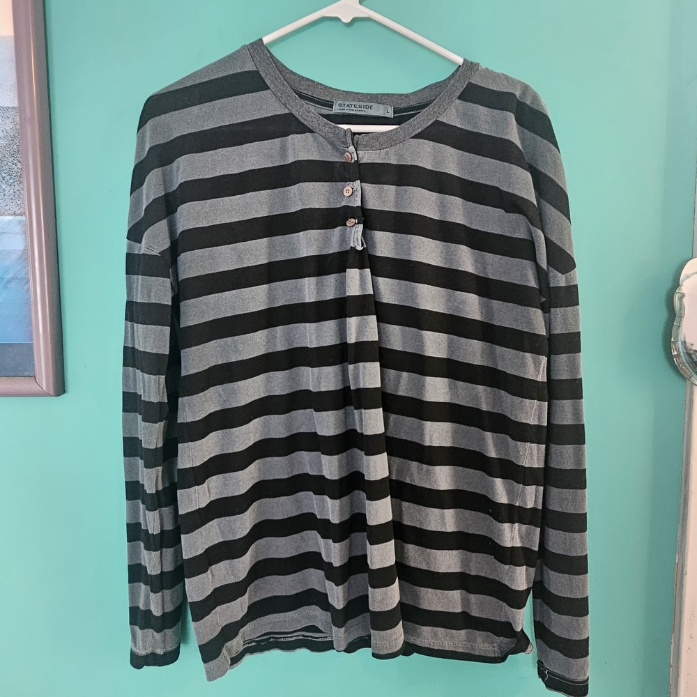 Stateside Supima Casual Striped Long Sleeve Henley - Gray & Black